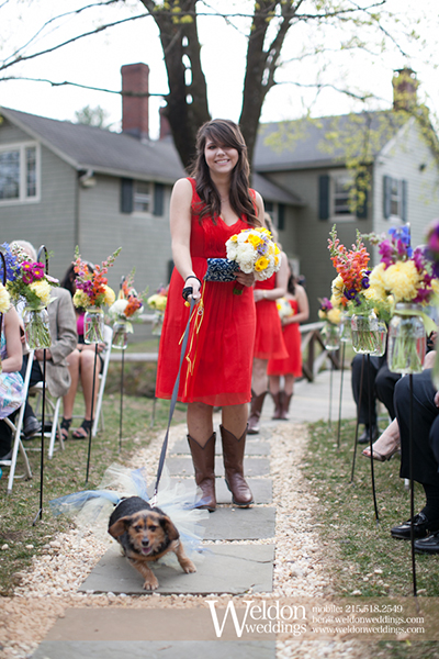 outdoor wedding ceremony with dog and mason jars