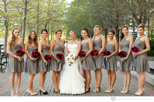 Bridesmaids with gray dresses and burgundy flowers in Hoboken NJ